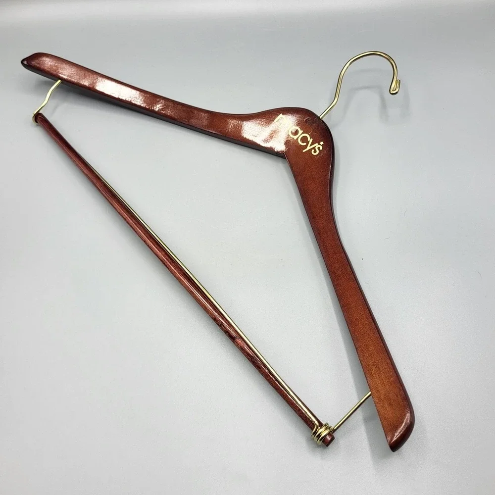 Vintage Set Of 3 Macys Wooden Suit Hangers With Gold Metal Hooks & Trouser Bar
